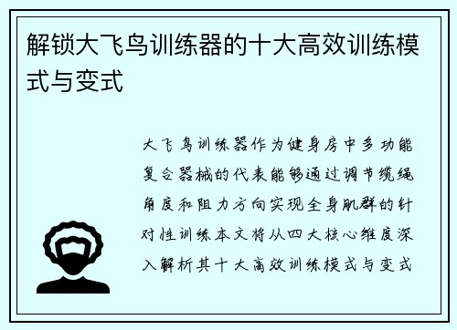 解锁大飞鸟训练器的十大高效训练模式与变式